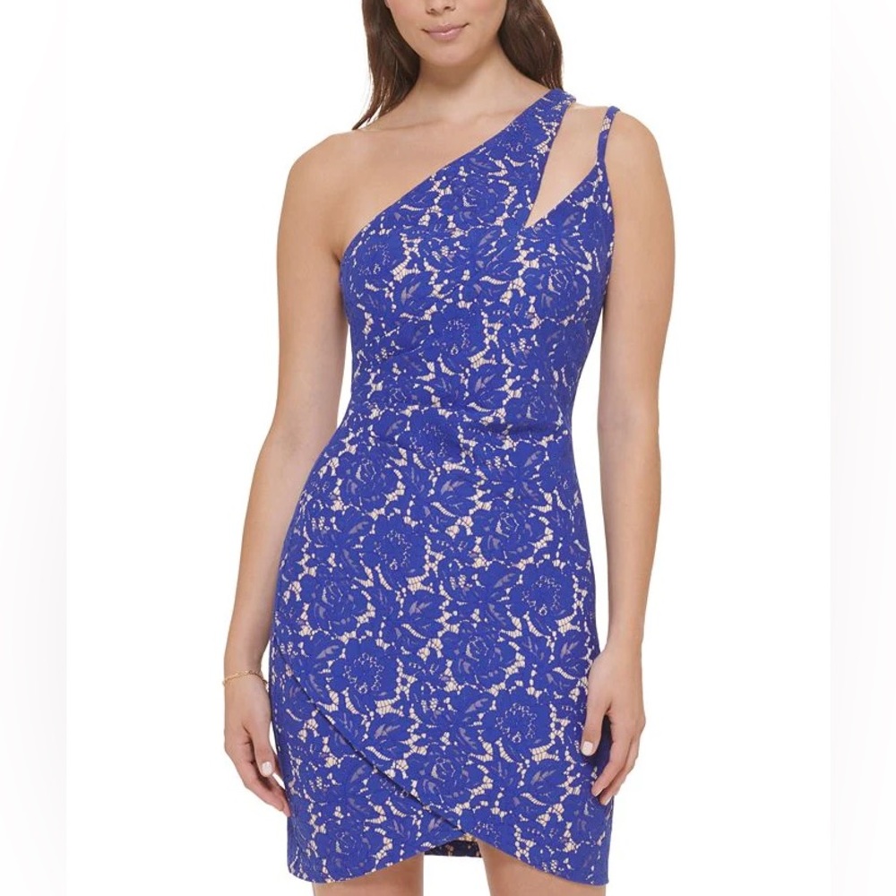 One-Shoulder Blue Lace Cocktail Dress